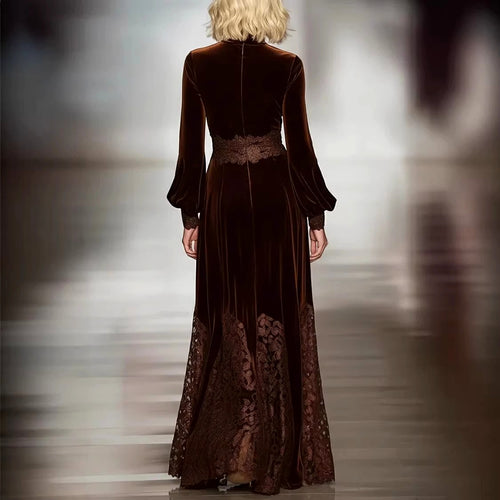 Amber - Women's Velvet Lace Panel Long Sleeve Maxi Dress