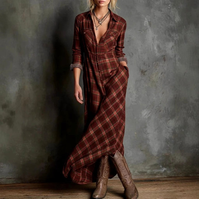 Gelsomina - Women's Plaid V-Neck Loose Fit Vacation Maxi Dress