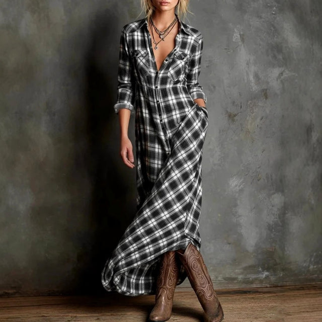 Gelsomina - Women's Plaid V-Neck Loose Fit Vacation Maxi Dress