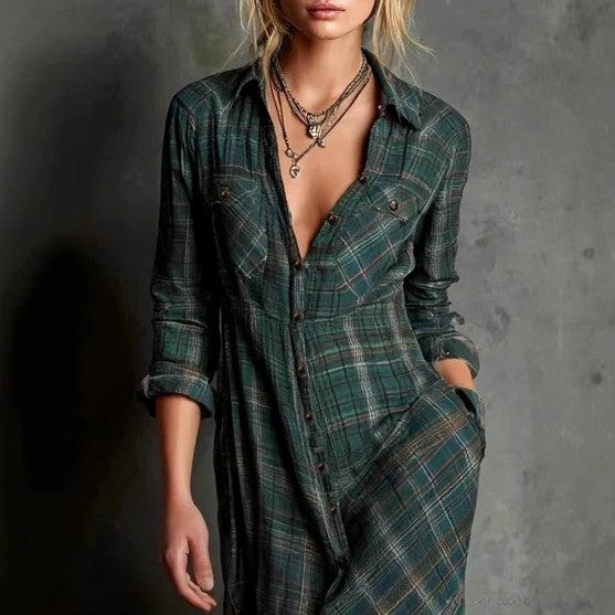 Gelsomina - Women's Plaid V-Neck Loose Fit Vacation Maxi Dress