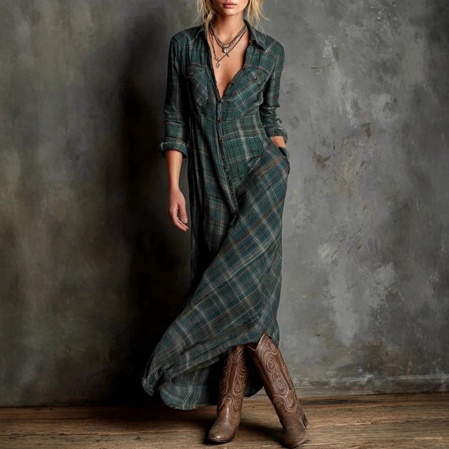 Gelsomina - Women's Plaid V-Neck Loose Fit Vacation Maxi Dress