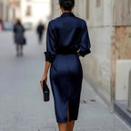 June - Women's Collared Long Sleeve Belted Formal Dress