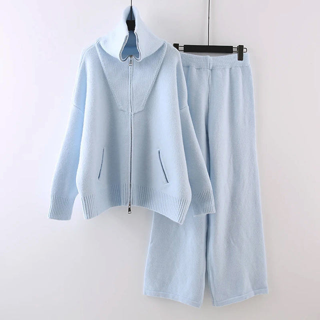 Abigail - Women's Half-Zip Turtleneck Knit Set with Wide-Leg Pants