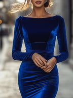Aileen - Women's Boat Neck Velvet Bodycon Midi Dress
