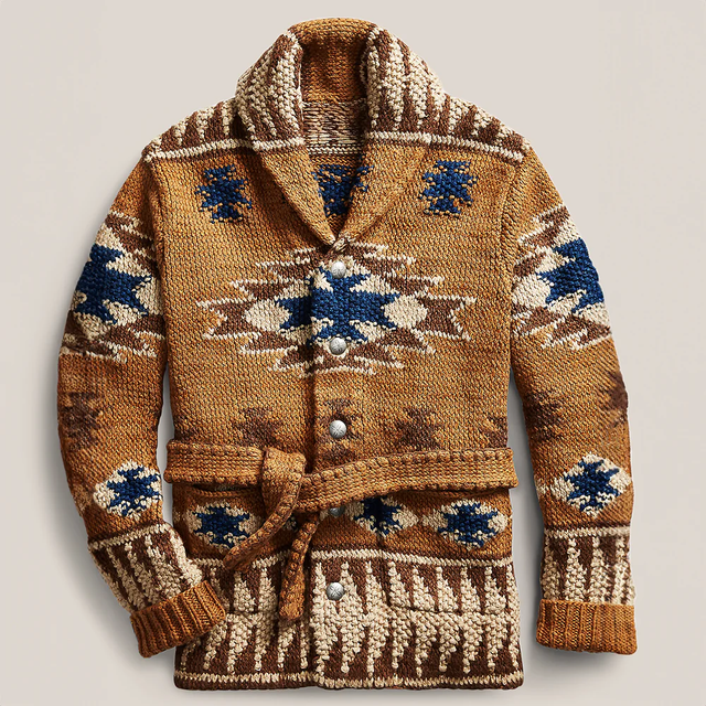 Alberto - Men's Jacquard Wool Cardigan with Belt