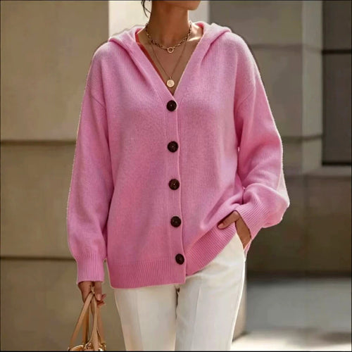 Alida - Women's V-Neck Button-Up Hooded Cardigan 1