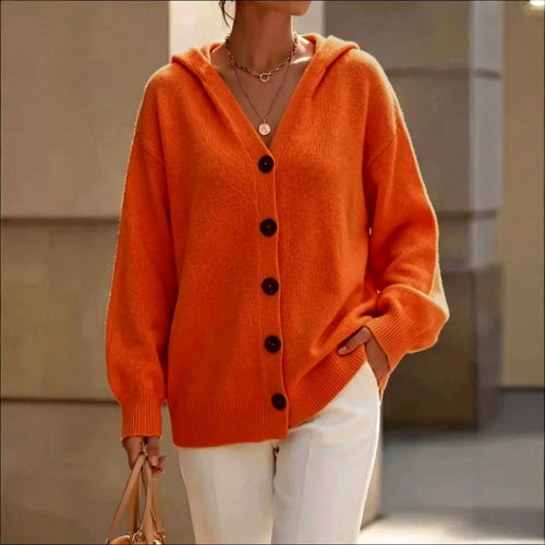 Alida - Women's V-Neck Button-Up Hooded Cardigan 2