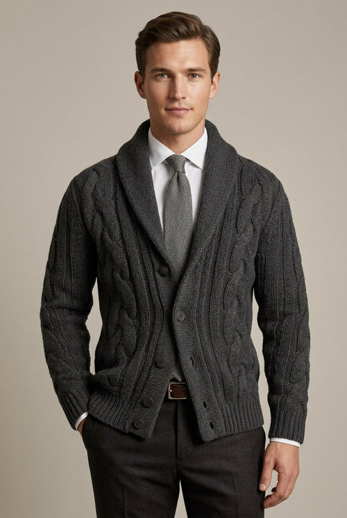 Alonso - Men's Shawl Collar Cable Knit Cardigan with Button Front