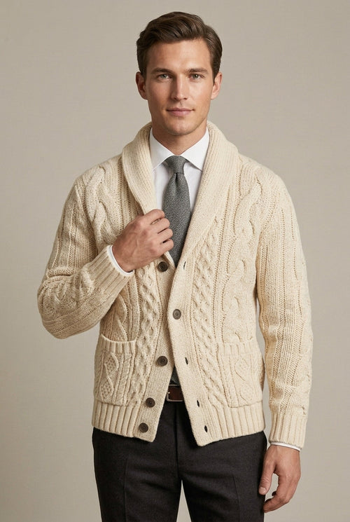 Alonso - Men's Shawl Collar Cable Knit Cardigan with Button Front