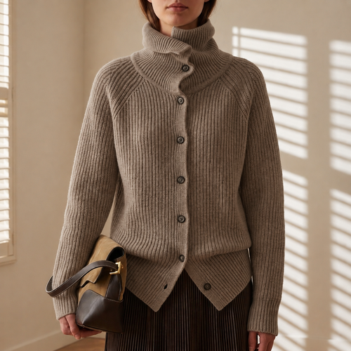 Amira - Women's Ribbed Button-Front Cardigan with Turtleneck