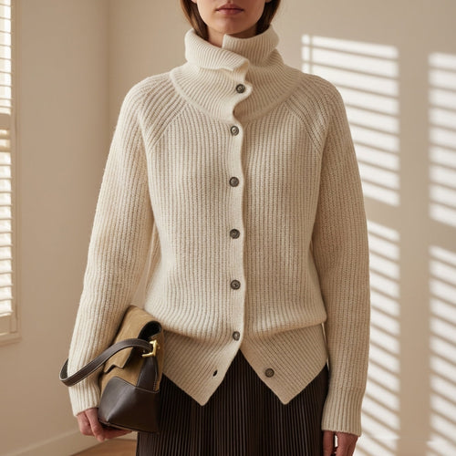 Amira - Women's Ribbed Button-Front Cardigan with Turtleneck