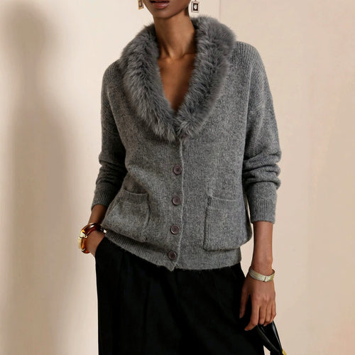 Arabella - Women's Faux Fur Lapel Button-Front Knit Cardigan 1