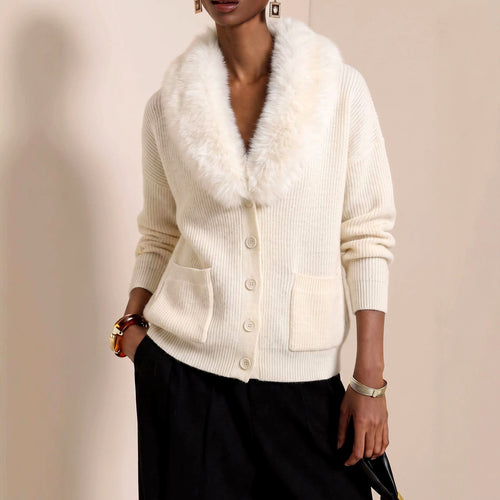 Arabella - Women's Faux Fur Lapel Button-Front Knit Cardigan 2