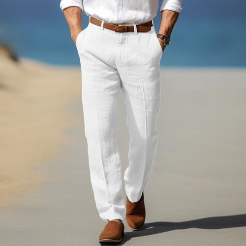 Arnel - Men's Linen Flat-Front Trousers with Belt Loops