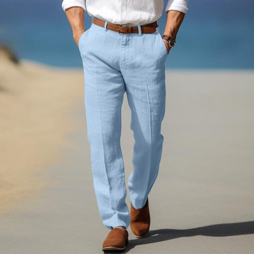 Arnel - Men's Linen Flat-Front Trousers with Belt Loops