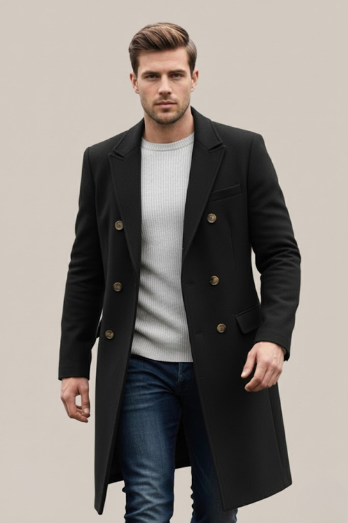 Arvin - Men's Double-Breasted Long Coat with Notch Lapels