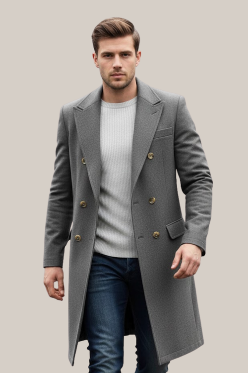 Arvin - Men's Double-Breasted Long Coat with Notch Lapels
