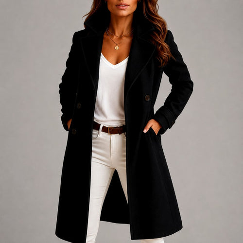 Asha - Women's Double-Breasted Notched Lapel Long Coat 2