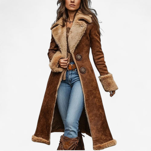 Ashly - Women's Suede Long Coat with Sherpa Collar and Cuff Trim