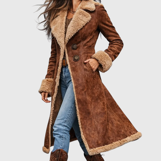 Ashly - Women's Suede Long Coat with Sherpa Collar and Cuff Trim