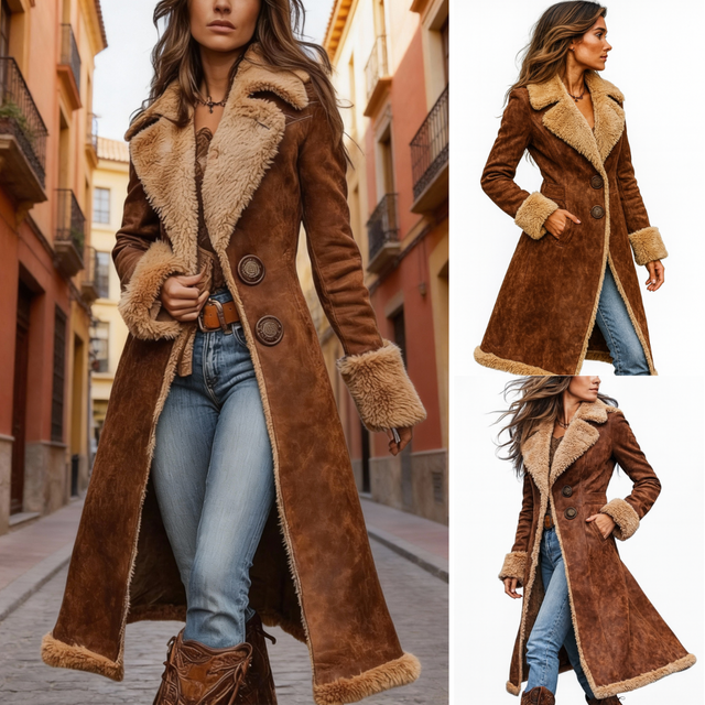 Ashly - Women's Suede Long Coat with Sherpa Collar and Cuff Trim