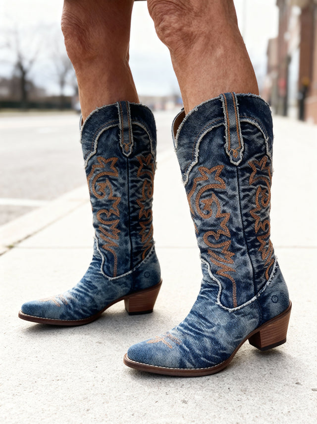 Athena - Women's Denim Western Cowboy Boots with Embroidered Detail
