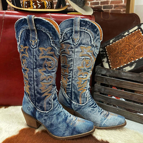 Athena - Women's Denim Western Cowboy Boots with Embroidered Detail