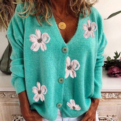 Aurora - Women's Floral Embroidered V-Neck Button-Front Cardigan