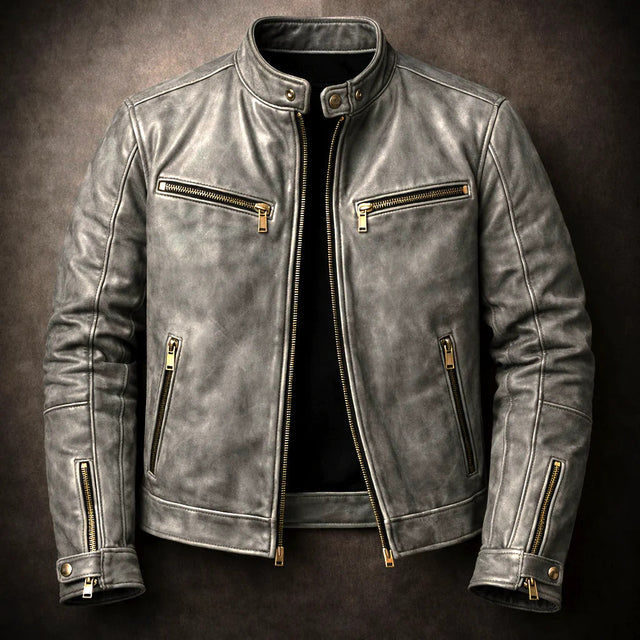 Austin - Men's Distressed Leather Moto Jacket with Zip Pockets
