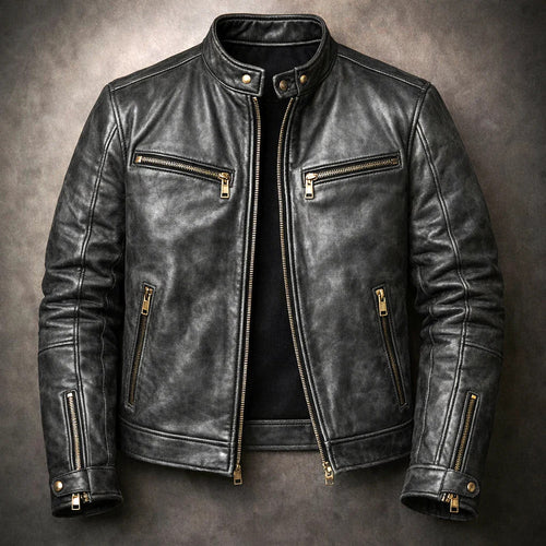 Austin - Men's Distressed Leather Moto Jacket with Zip Pockets