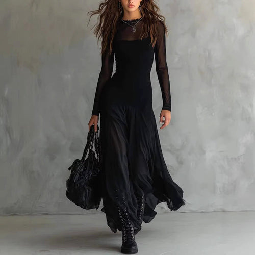 Aveline - Women's Sheer Long Sleeve Flared Maxi Dress 1