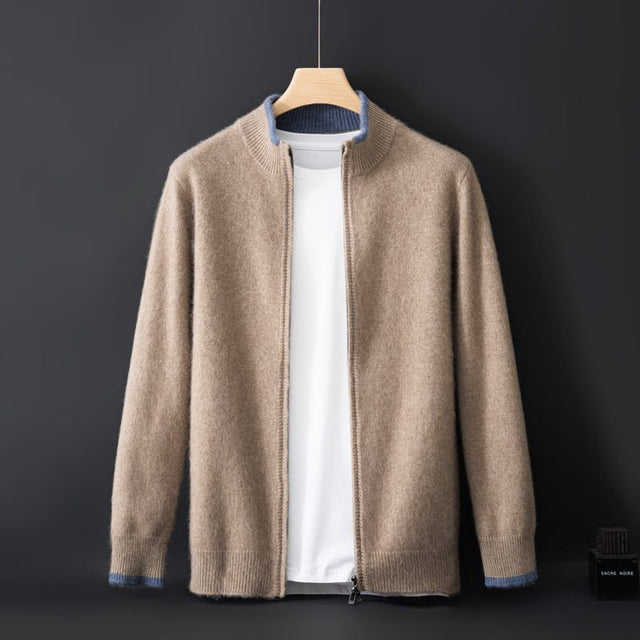 Aven - Men's Cashmere Zip-Front Cardigan with Ribbed Trim