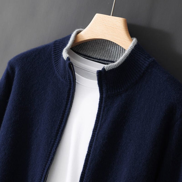 Aven - Men's Cashmere Zip-Front Cardigan with Ribbed Trim