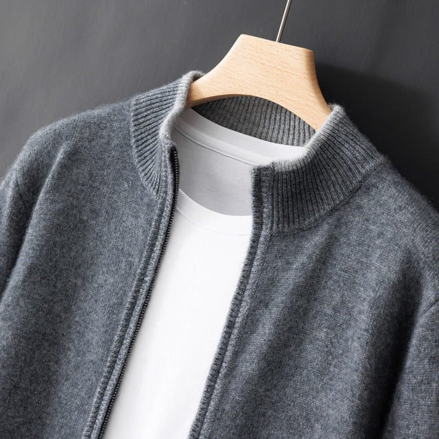 Aven - Men's Cashmere Zip-Front Cardigan with Ribbed Trim