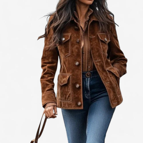 Ayra - Women's Suede Button-Front Jacket with Flap Pockets
