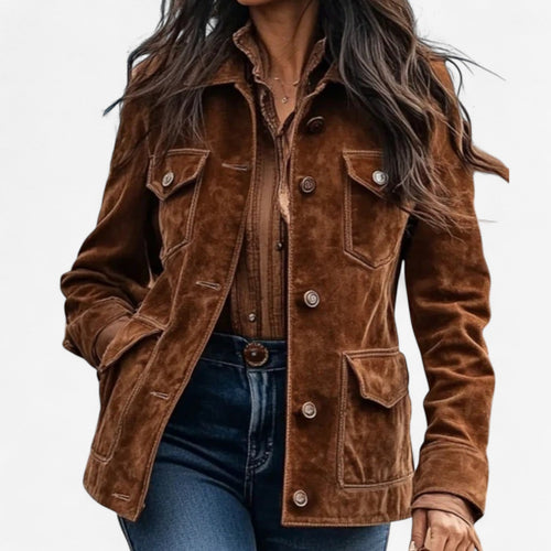 Ayra - Women's Suede Button-Front Jacket with Flap Pockets