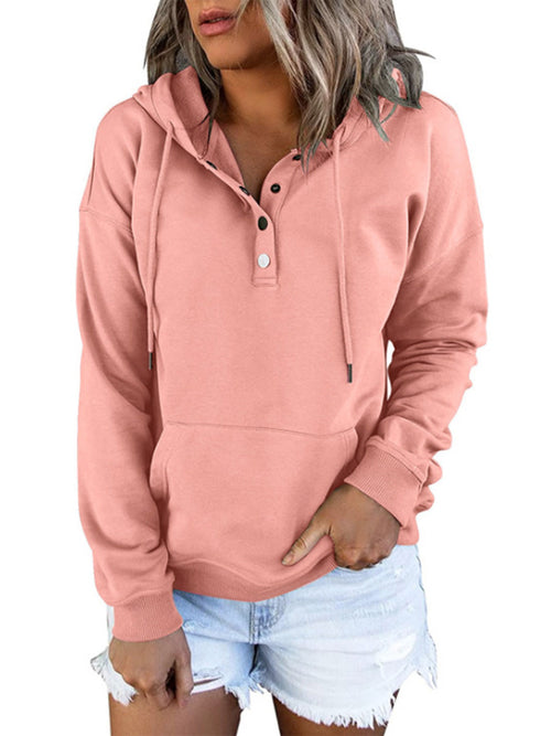 Bess - Women's Henley Button Loose Fit Hoodie Sweatshirt 1