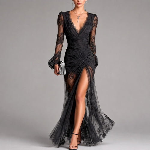 Brianna - Women's Lace V-Neck High-Slit Formal Maxi Dress 1
