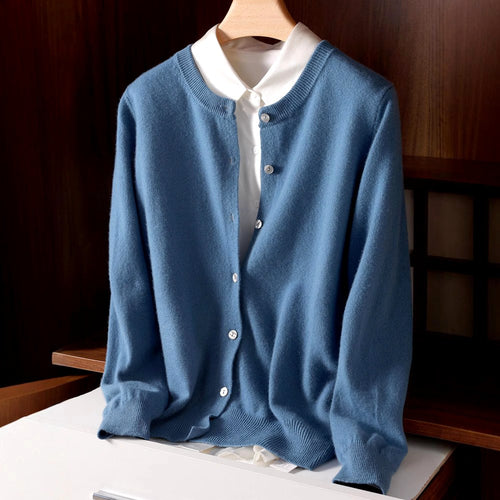 Bridget - Women's Cashmere Crew Neck Button-Front Cardigan 1