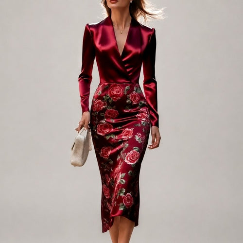 Bridget - Women's Rose Print Satin Wrap Midi Dress 1