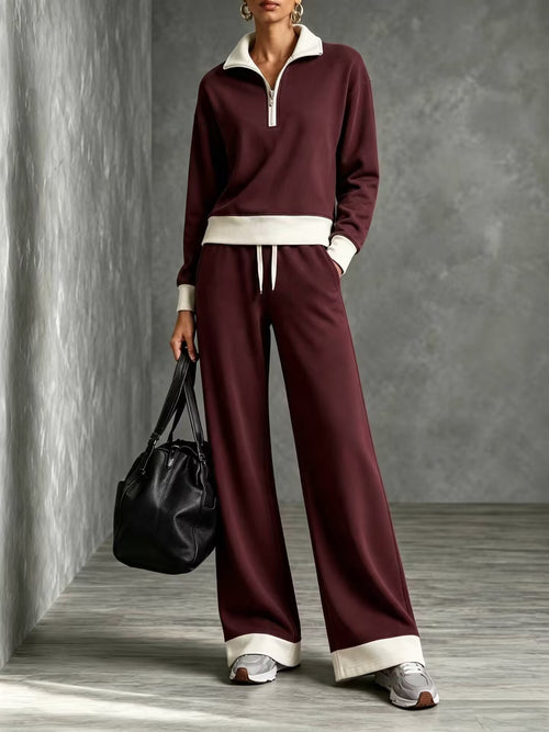 Brigid - Women's Half-Zip Polo Sweatshirt & Wide-Leg Pants Set 1
