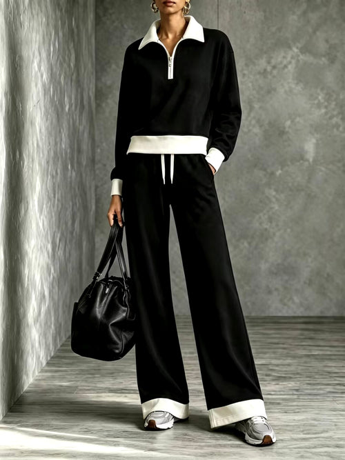 Brigid - Women's Half-Zip Polo Sweatshirt & Wide-Leg Pants Set 2