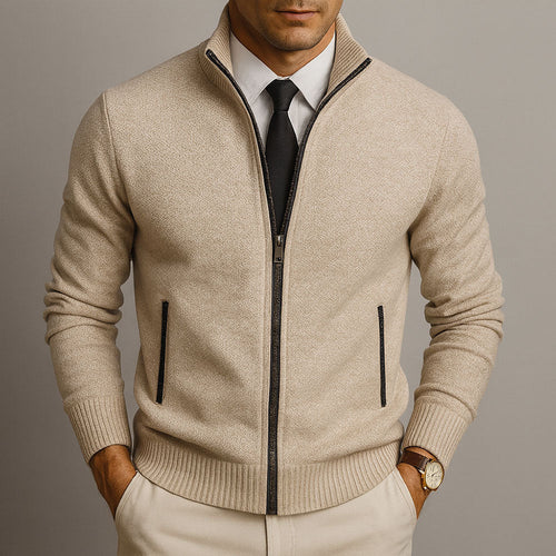 Bruce - Men's Zip-Front Wool Cardigan with Ribbed Cuffs