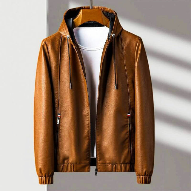 Carter - Men's Hooded Leather Jacket with Zip Closure