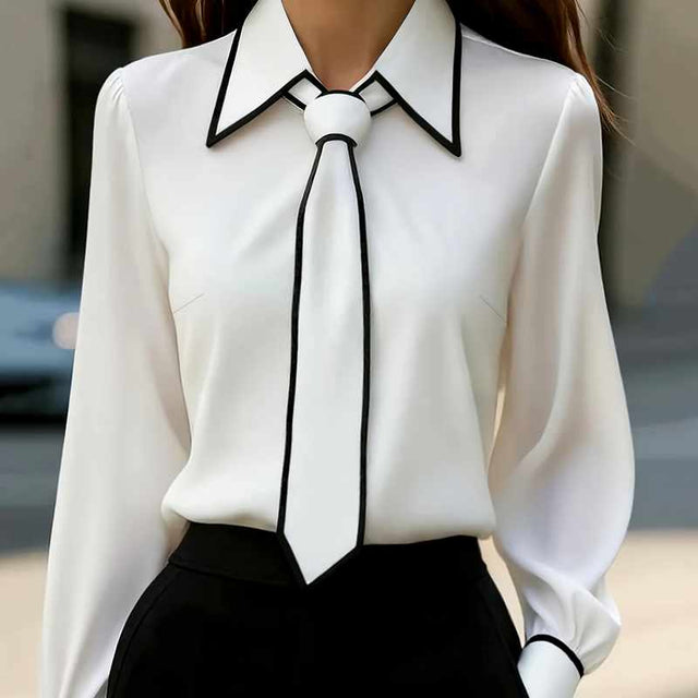 Eden - Women's Pointed Collar Blouse with Contrast Piping