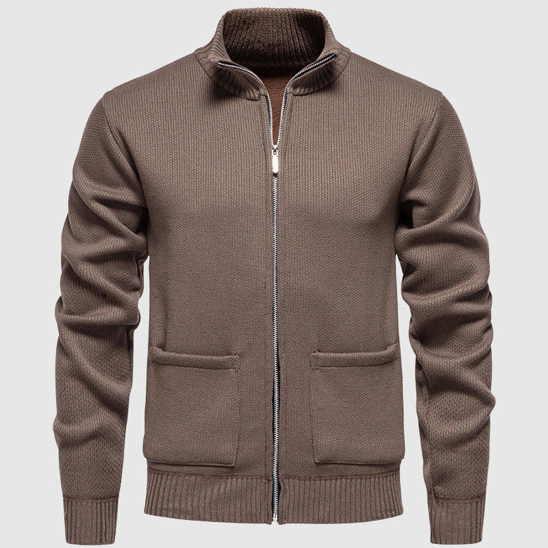 Everett - Men's Ribbed Full-Zip Cardigan with Mock Collar
