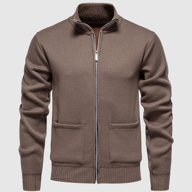 Everett - Men's Ribbed Full-Zip Cardigan with Mock Collar