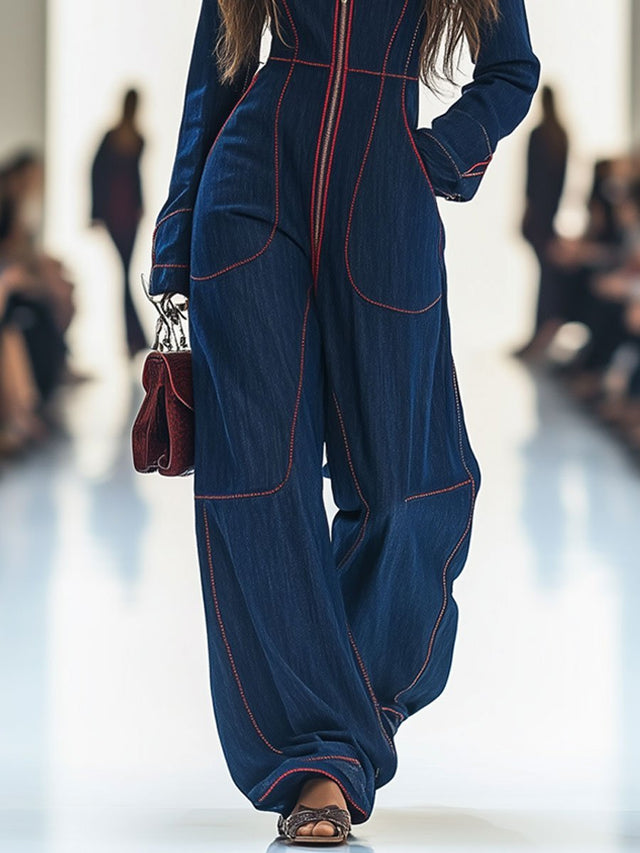 Indira - Women's Wide-Leg Denim Jumpsuit with Contrast Stitching