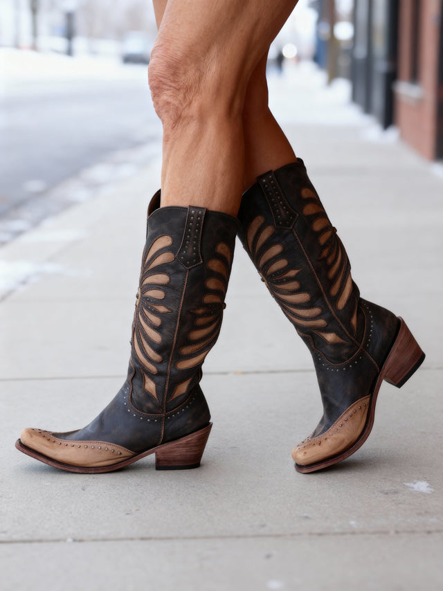 Isadora - Women's Cutout Leather Knee-High Boots