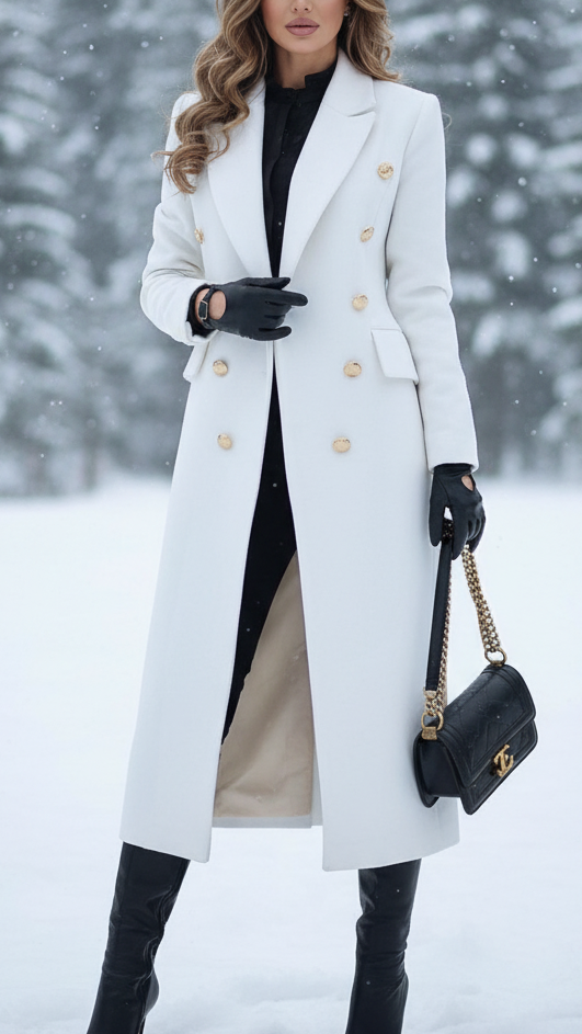 Liza - Women's Double-Breasted Longline Coat with Gold Buttons